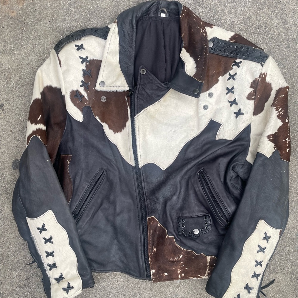 Vintage Cow Hair Leather Jacket Western Biker size L